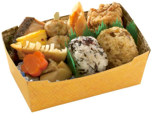 清洲橋 竹籠弁当（おにぎり2個、鮭の塩焼、筑前煮，竜田揚）