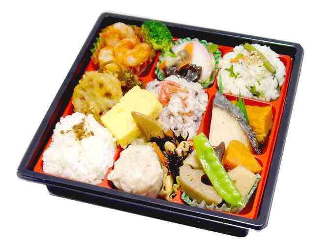 自慢のおかず10品彩り弁当(海老チリ、豚肉蓮根挟み揚げ)