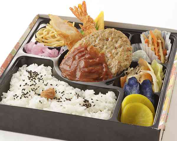 手ごねハンバーグとエビフライの洋風御膳弁当