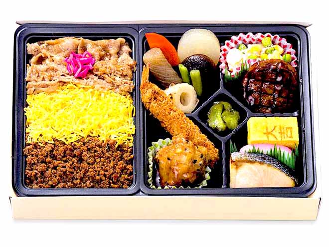 三色そぼろ焼肉弁当  200mlパック茶付